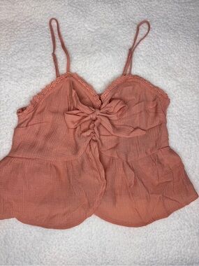 Love Tree Peach-Coral Tie-Front Lace Trim Tank